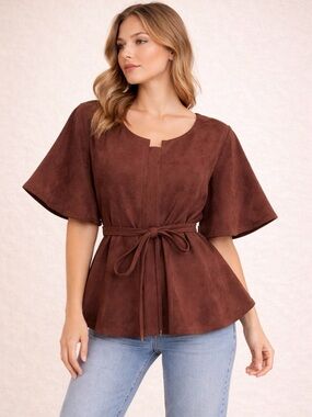 Brand New: Brown Tie-Waist Suede Peplum Top